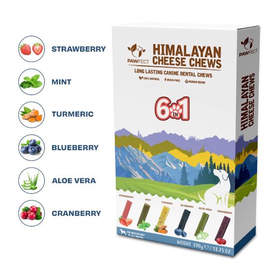 Pawfect Medium Himalayan Cheese Chew | Variety Pack of 6 | Strawberry, Blueberry, Cranberry, Aloe, Turmeric, Mint |Grain-free