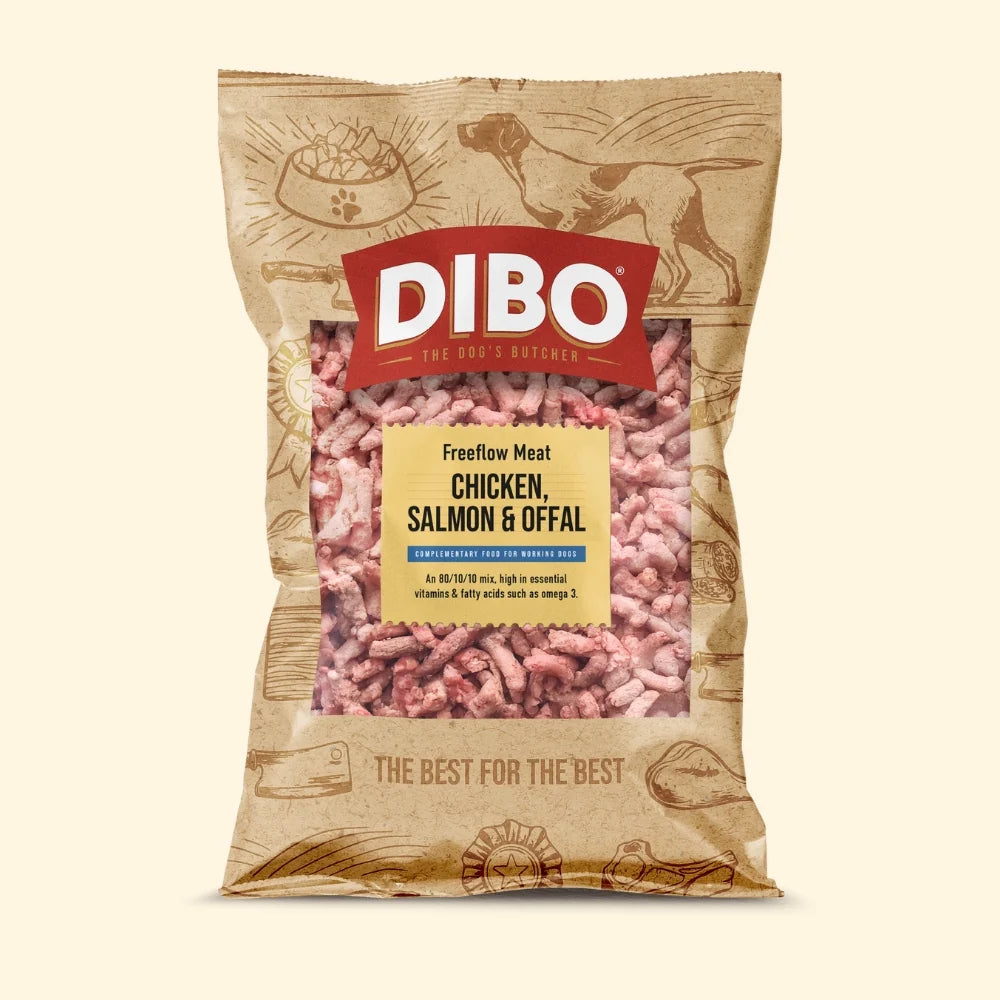 DIBO dog food package with text and images on a beige background