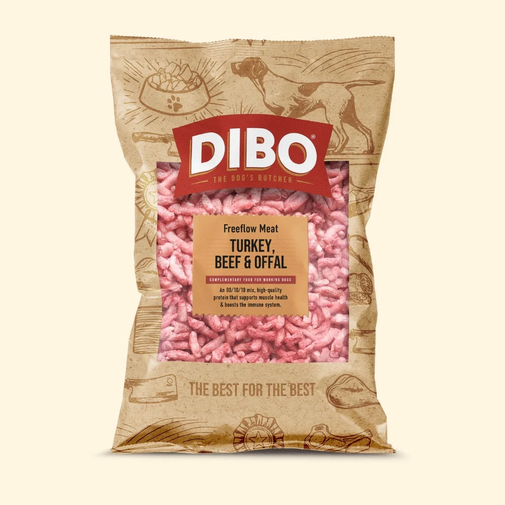 DIBO dog food package with pink meat chunks on a beige background