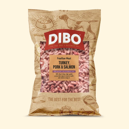 DIBO dog food package with text 'Freeze Dried Meat Turkey, Pork & Salmon' on a beige background