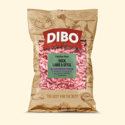 DIBO dog food package with pink meat chunks on a beige background