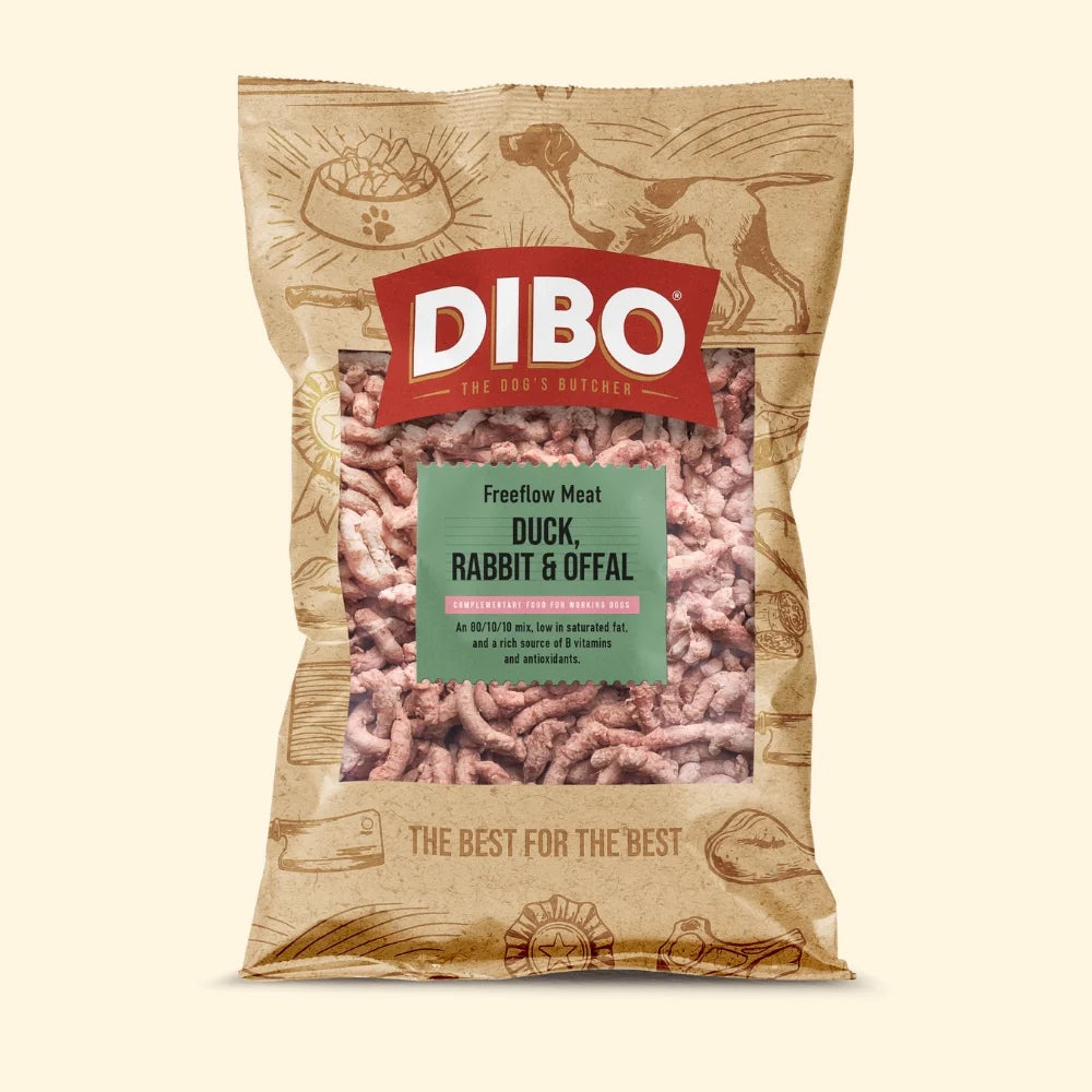 DIBO dog food package on a beige background