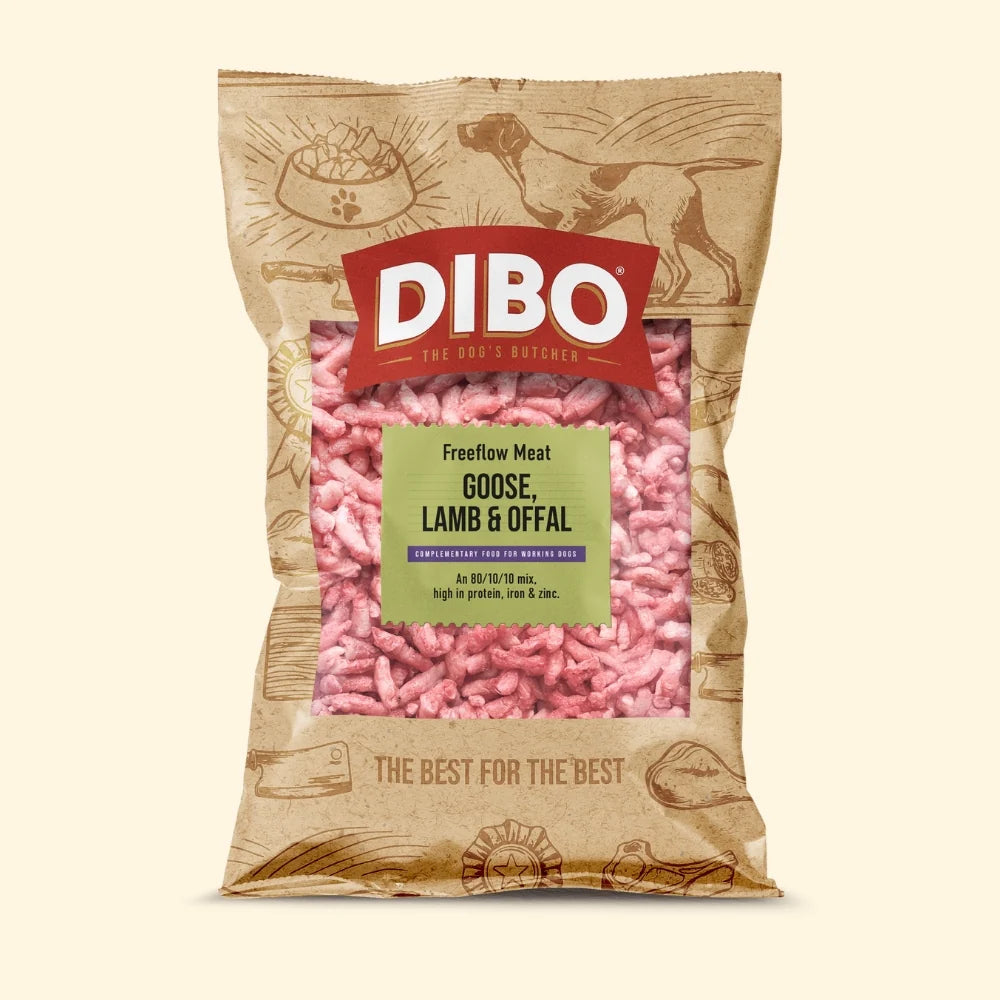 DIBO dog food package with pink meat chunks on a beige background
