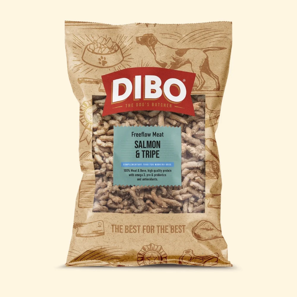 DIBO dog food package with text 'Freeflow Meat Salmon & Tripe' on a beige background
