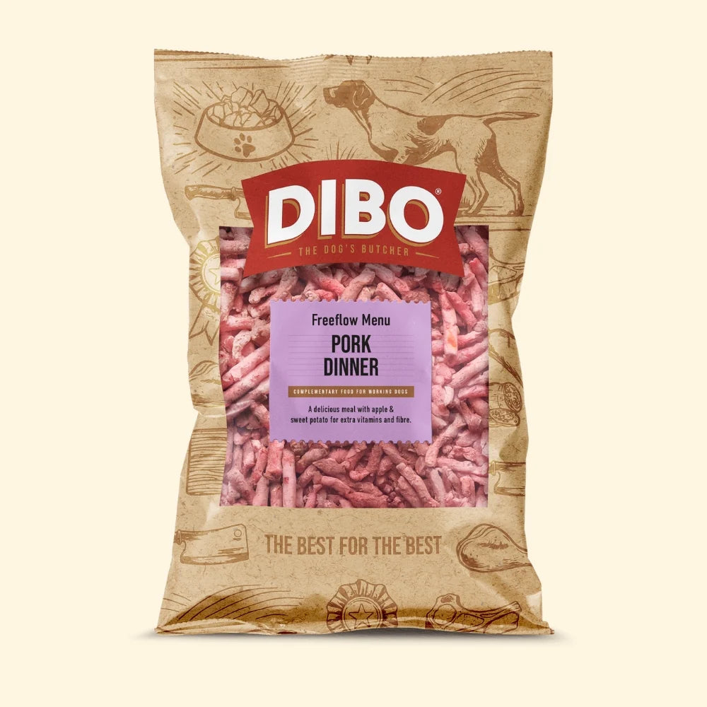 DIBO dog food package with pink dog food visible on a beige background
