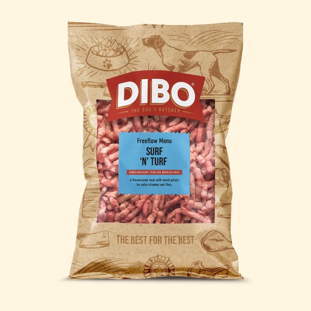DIBO dog food package with 'Surf N' Turf' label on a beige background