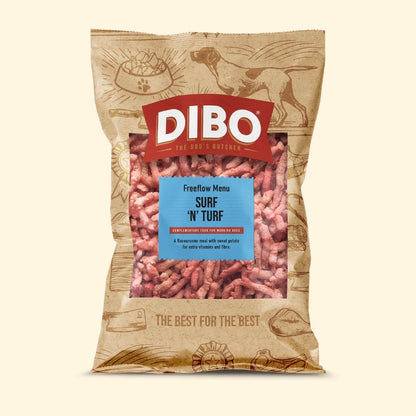 DIBO dog food package with 'Surf N' Turf' label on a beige background