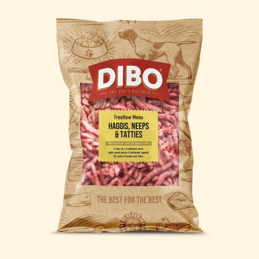 DIBO dog food package with visible text and branding on a beige background
