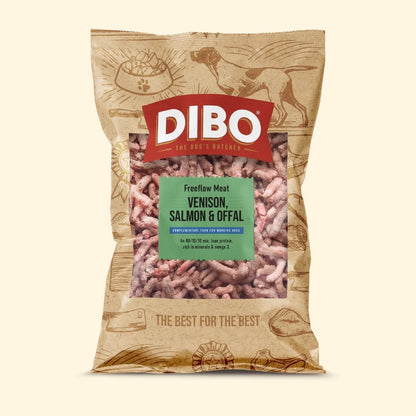 DIBO pet food package with venison, salmon, and offal on a beige background